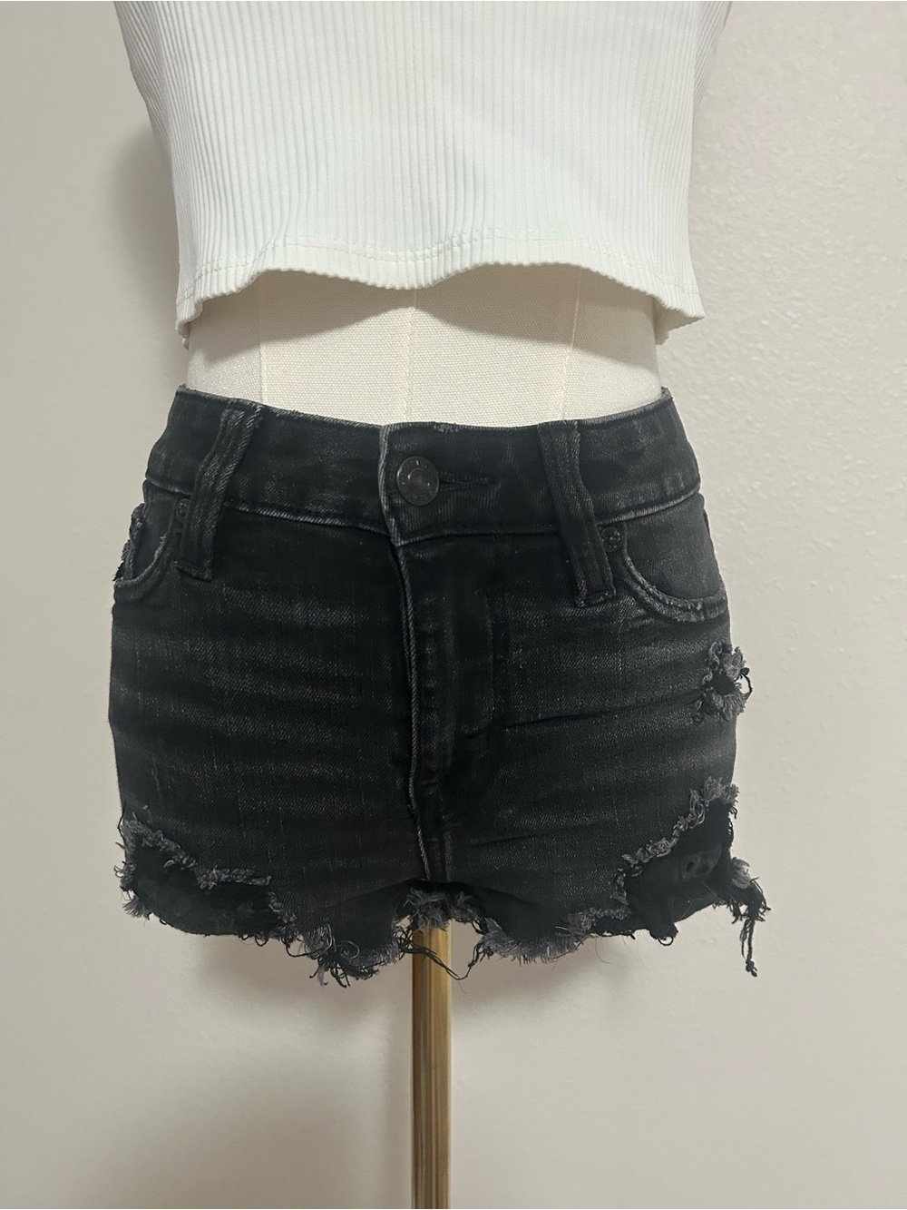 Distressed Faded Black Denim Shorts